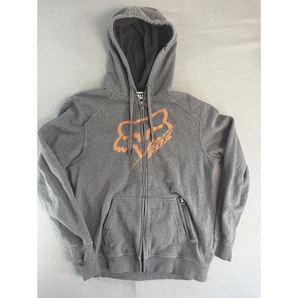 Y2k Fox Hoodie Mens Large‎ Gray Full Zip Fleece Sweatshirt Orange Graphic Moto